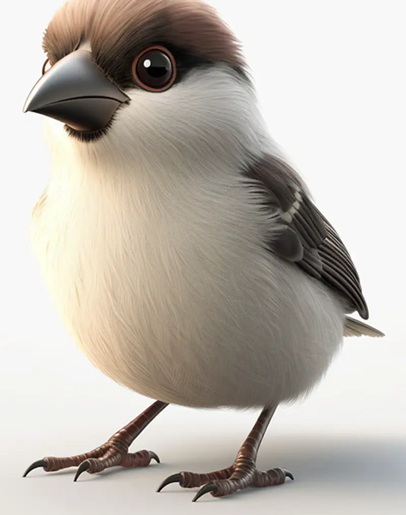 Cute cartoon sparrow with brown and white feathers standing