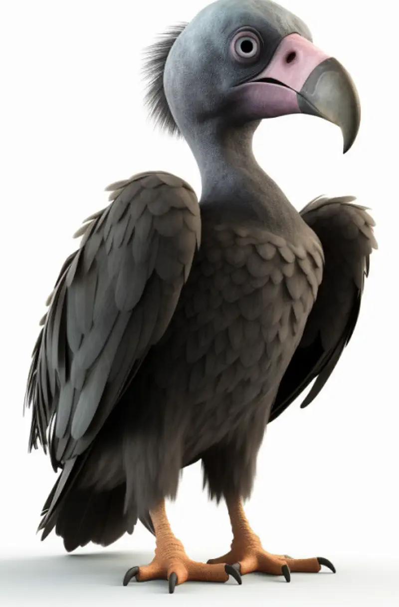 Gray cartoon vulture with pink bald head standing