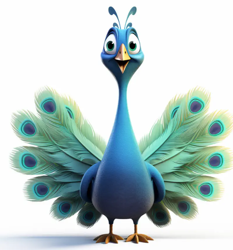 Blue cartoon peacock with colorful tail feathers spread out