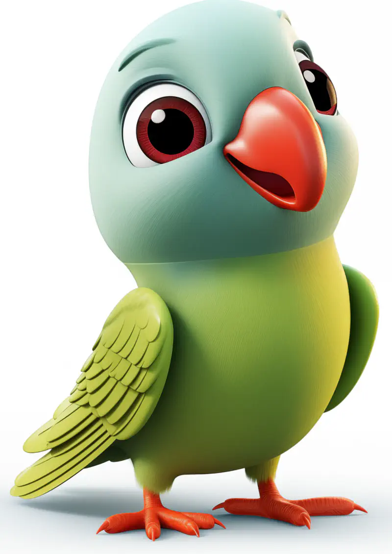 Green cartoon parrot with red beak and big eyes