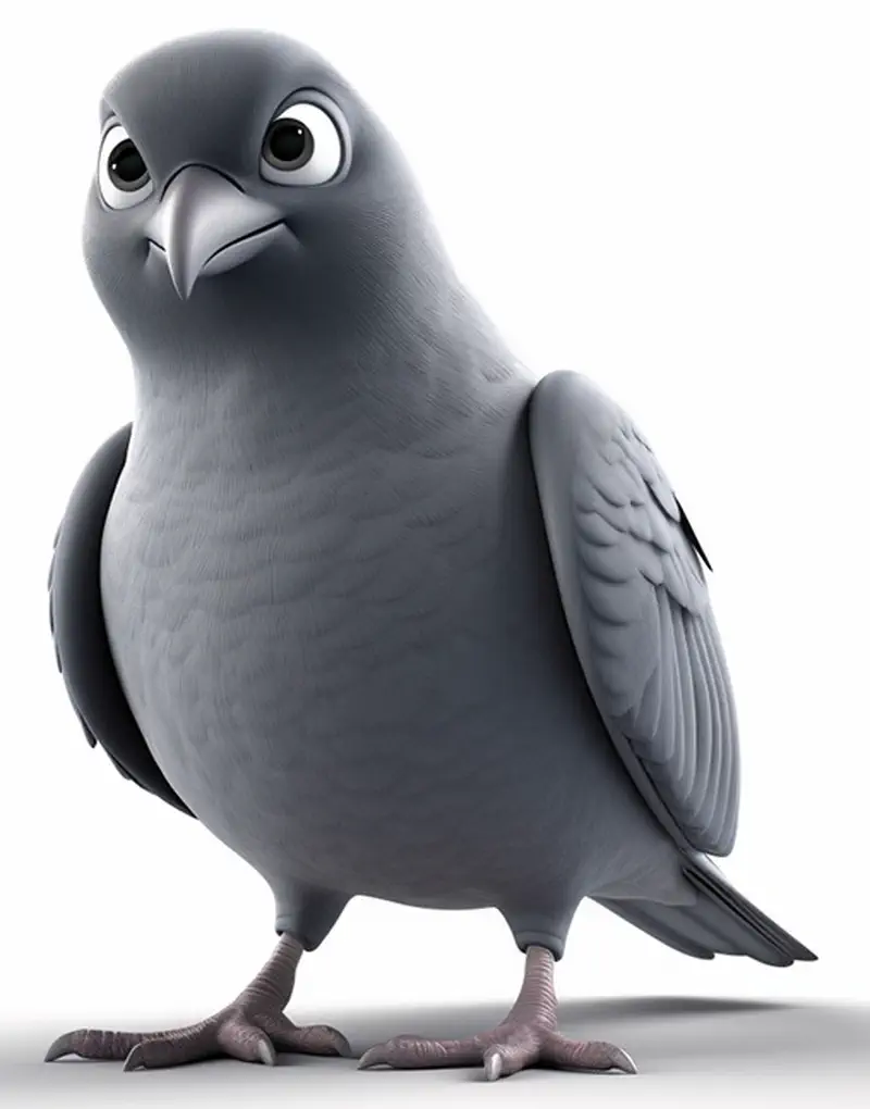 Gray cartoon pigeon standing with serious expression