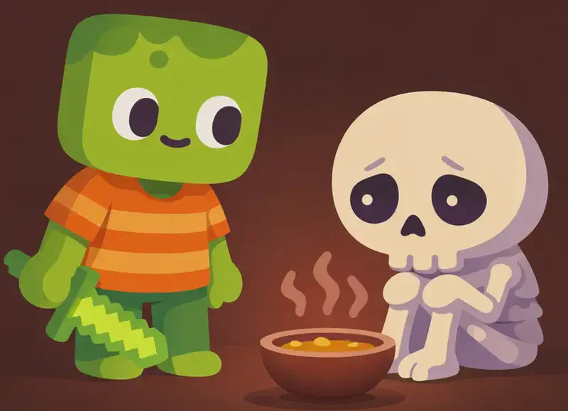 On the right side of the image, Skel sits hunched on the floor with a subdued, worried expression, staring blankly at a bowl of hot food in front of him. On the left, Zom stands nearby facing Skel, having just brought the food, looking at his friend with quiet concern. The scene is set indoors in a dimly lit room with warm but low lighting and deep brown tones, reflecting the somber mood. The atmosphere feels heavy, with Skel's worry filling the small space.