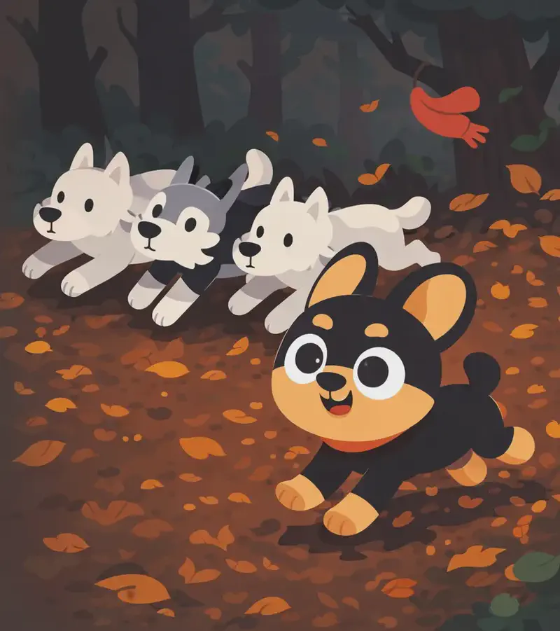 On the right side of the image, Bones runs energetically on all fours across a forest floor covered in fallen autumn leaves, with no red bandana — his neck is bare. Several wolves run alongside him through the wooded outdoor setting, which is dimly lit under a canopy of dark trees. Autumn leaves scatter behind the running pack. A bright red bandana lies discarded on the ground behind the group, snagged on a low branch. Bones appears determined and free-spirited, fully in stride with the wolves.