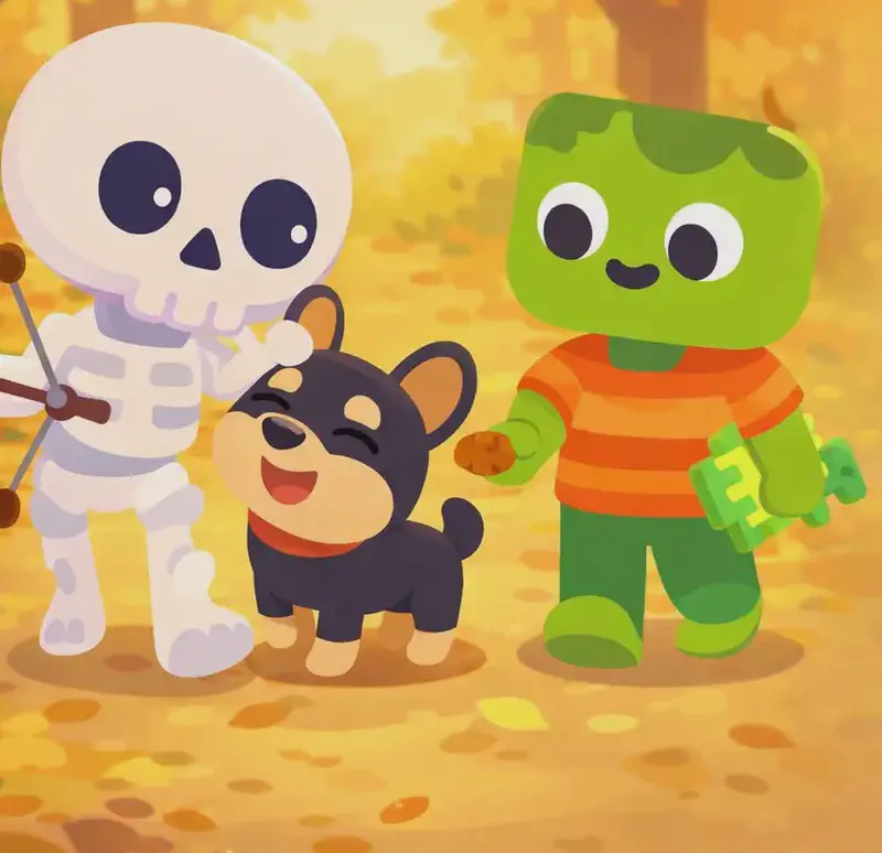 On the left side of the image, Skel walks forward along a leaf-covered forest path with a happy, laughing expression, one hand scratching Bones behind the ears. Bones walks beside him on all fours, staying close, looking up at Skel with a joyful, nuzzling expression — no red bandana around his neck. Zom stands slightly behind them, smiling warmly and holding out a treat toward Bones. Warm autumn light filters through the canopy of tall trees, casting a golden glow on the trio as they head home together. The right side of the image is a softly blurred autumn background suitable for text overlay.