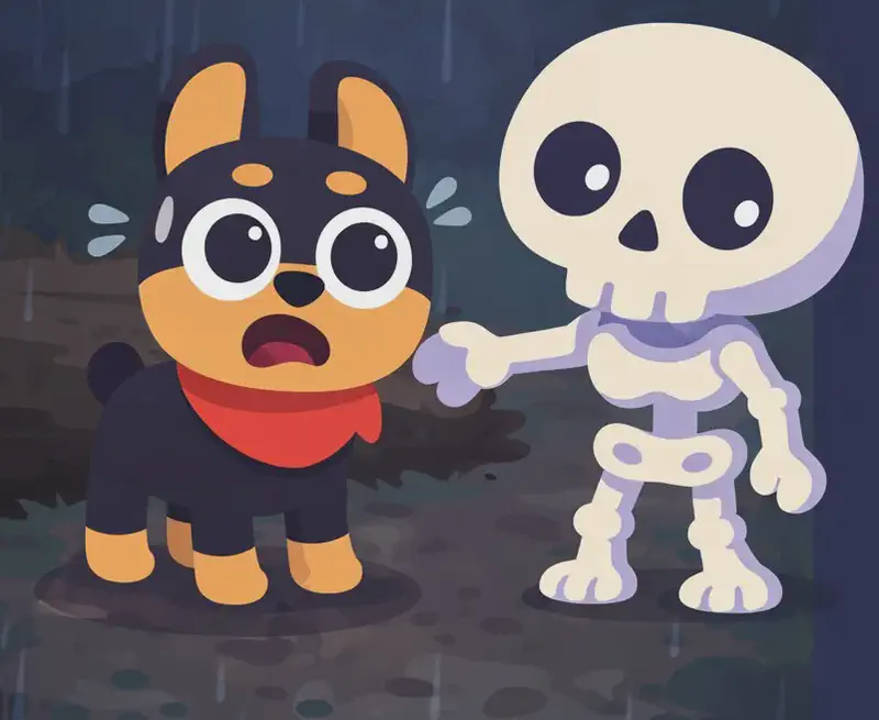 On the left side of the image, Bones stands on all fours facing the viewer with a wide-eyed, terrified expression, wearing his bright red bandana, positioned on a muddy path beside a large fallen tree trunk. His body is tense and frozen in place. Skel stands slightly behind Bones on the right, looking concerned and reaching a hand toward him. The scene is outdoors at night during a storm, with dark, ominous lighting and rain streaks visible against a dense wooded background.