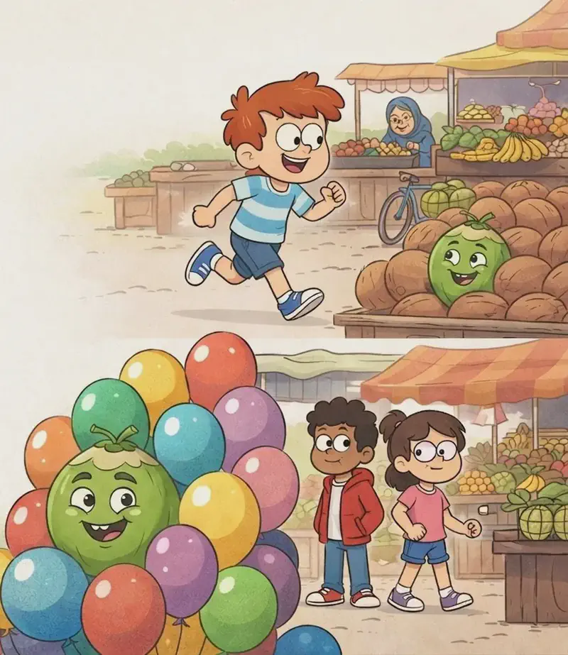 On the right side of the image, the scene is split into two moments at an outdoor farmers' market. In the upper-right, Gad is disguised as a green coconut sitting atop a pile of coconuts at a market stall, with his ghostly face barely visible, looking nervous. The smaller boy in a blue-and-white striped shirt runs right past the coconut pile without noticing. In the lower-right, Gad is disguised as a green balloon among a large colorful cluster of balloons at a stall, peeking out with a cheeky grin and green face visible between the balloons. The girl with glasses in a pink top and the dark-skinned boy in a red hoodie stand in the background near fruit stalls, looking around warily. Market stalls with bananas, fruits, and piles of coconuts line the right side, with a bicycle parked against one stall. A vendor sits behind one of the stalls. The left ~40% of the image is plain white background.