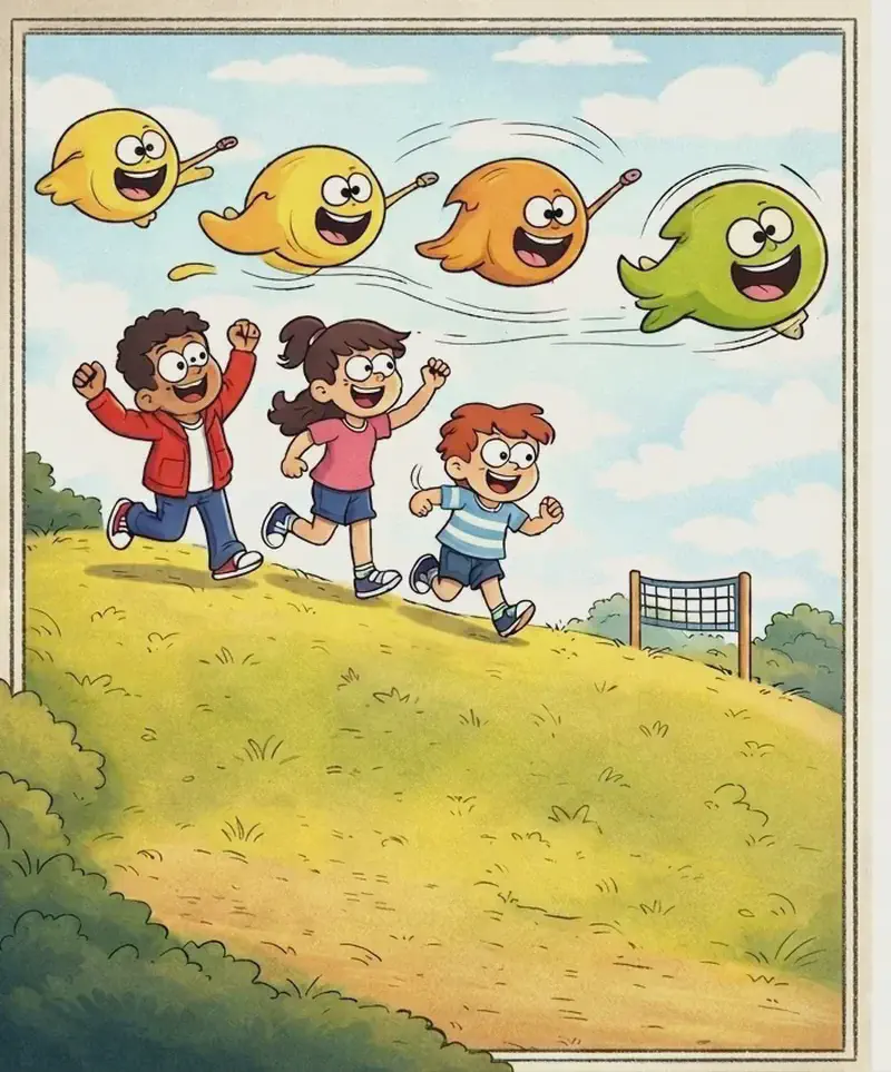 On the left side of the image, Gad is shown in multiple poses — whizzing through the air as a small round shape-shifting ghost, changing colors and sizes, with a cheerful grinning expression, looping and zooming around the kids on a grassy hillside. In the upper left, the three kids — the dark-skinned boy in a red hoodie, the girl with glasses in a pink top, and the smaller boy in a blue-and-white striped shirt — are running and jumping with arms raised, laughing and chasing after Gad as he zips about. In the lower left foreground, the kids lead Gad up the hill toward a volleyball area visible in the distance, and Gad's expression shifts — his green complexion turns a darker, worried shade of green as he realizes where they are heading. The scene is set outdoors on a sunny day with fluffy white clouds and a bright sky behind the rolling green-gold hill. The right ~40% of the image is plain white background.