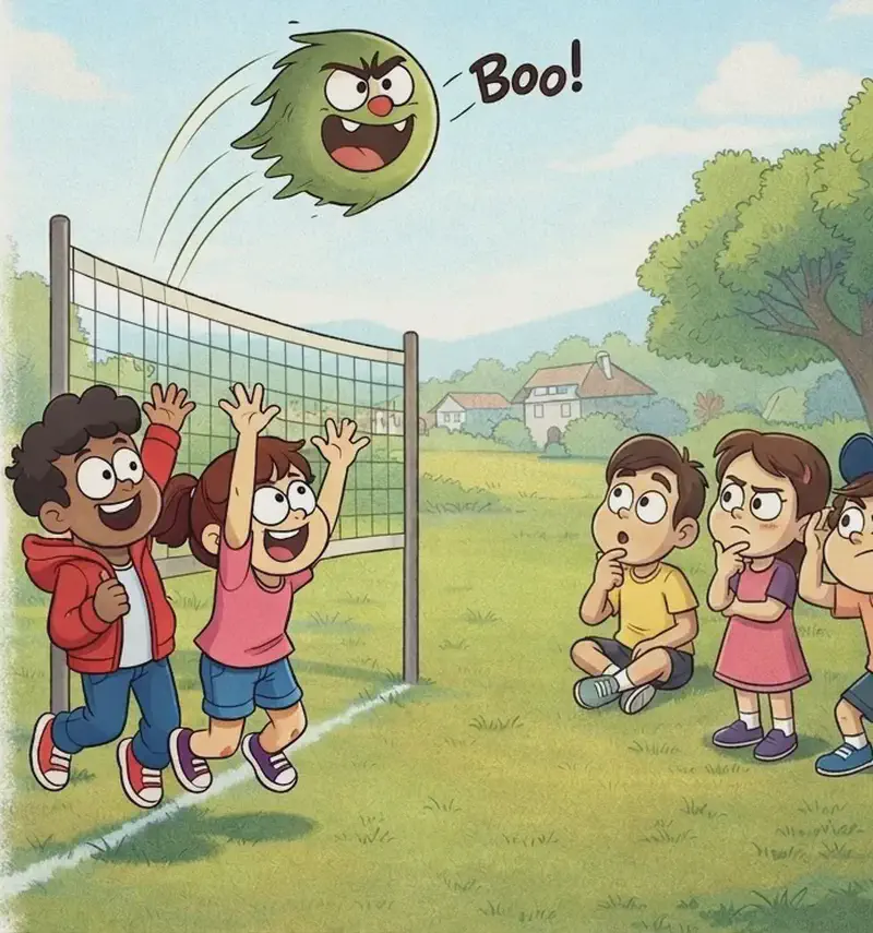 On the right side of the image, the kids are split into two teams facing each other across a volleyball net on a grassy field. On one side, the three known kids — the dark-skinned boy in a red hoodie, the girl with glasses in a pink top, and the smaller boy in a blue-and-white striped shirt — are jumping and reaching with excited, laughing expressions, in on the secret. The opposing team of unfamiliar kids reacts with shock and horror, their faces turning white as sheets. Gad is flying through the air between the two teams as the volleyball, shown mid-arc as a round green ghost-ball with a mischievous grin shouting 'Boo!', motion lines trailing behind him. The scene is set outdoors on a sunny day in a suburban neighborhood park with a volleyball net, mowed grass, leafy deciduous trees, and houses visible in the background. The left ~40% of the image is plain white background.