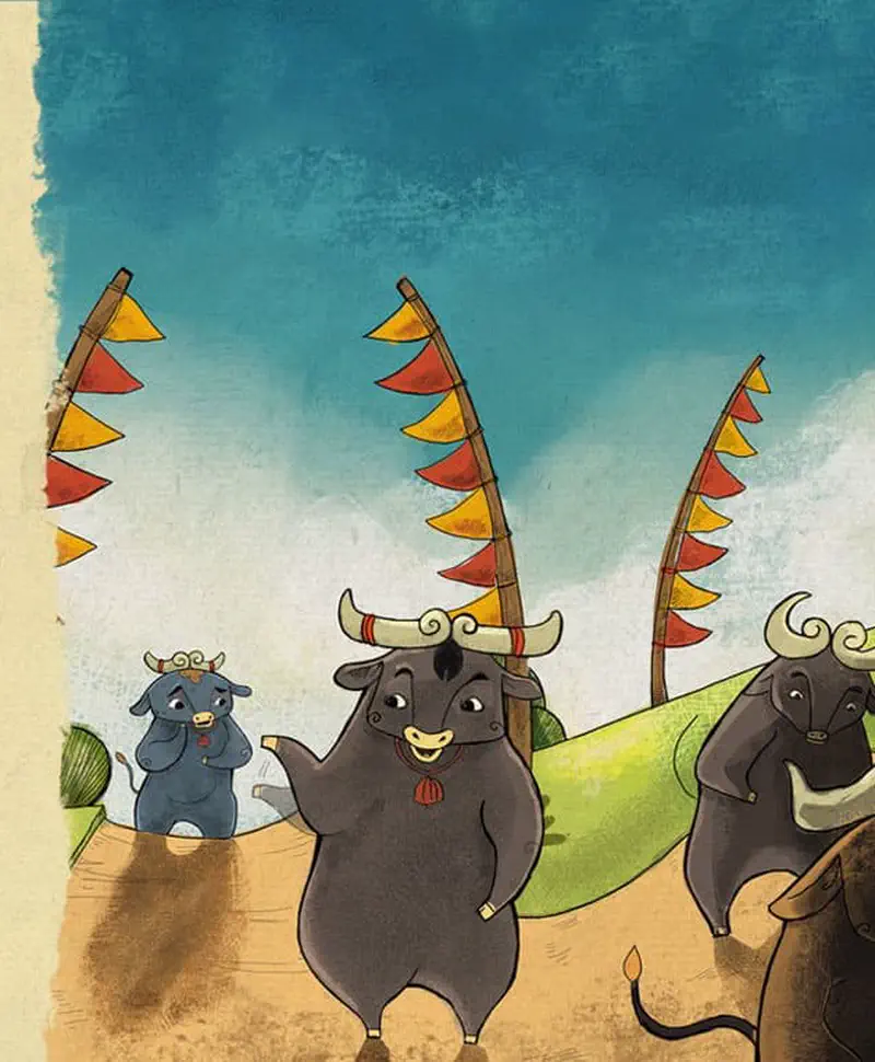 Big decorated bull teaching smaller bull Bop dance moves at festival