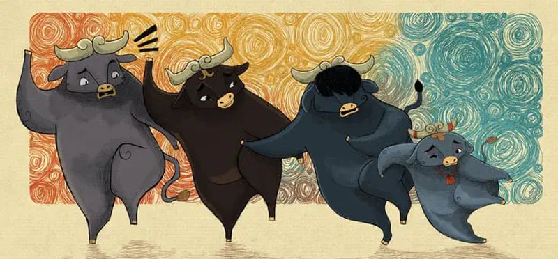 Four bulls dancing in line with small Bop stumbling at end against colorful swirled background
