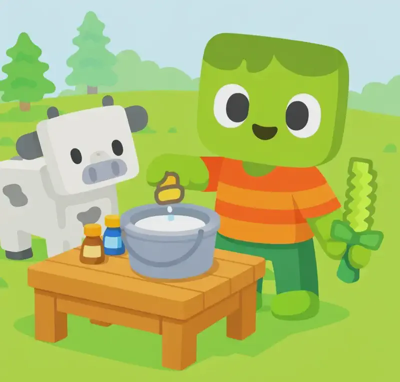 On the left side of the image, Zom stands at a wooden table outdoors, facing the viewer with a cheerful smile, reaching toward small ingredient containers and a bucket of milk on the surface — appearing to add flavoring to the milk. He has light green skin, darker green messy hair, and wears an orange-and-red horizontally striped t-shirt with dark green pants and bright green shoes, his pixelated light-green sword in his right hand. A white blocky cow stands behind Zom on the left, reinforcing the fresh milk context. The scene is set in a grassy outdoor area with trees and a partly cloudy sky in the background, a bright daytime setting in a suburban yard.