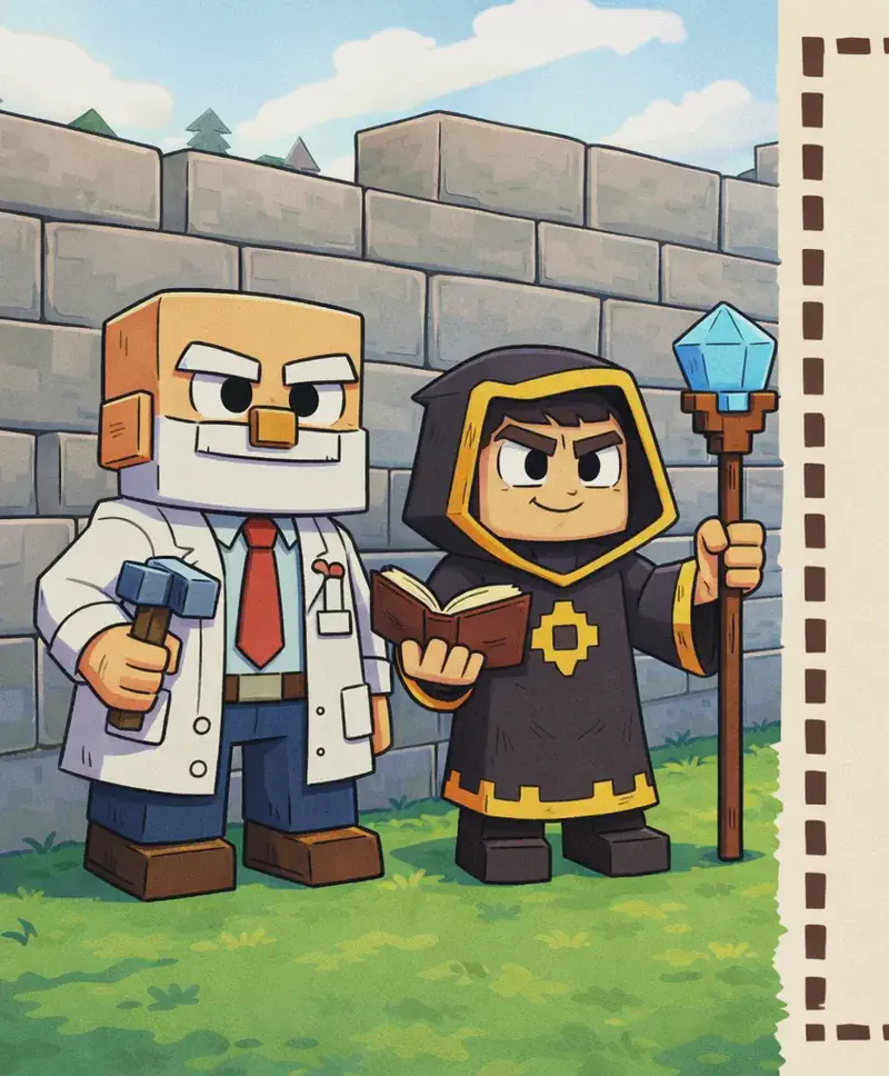 On the left side of the image, Dr. Can Do and The Mage stand together on green grass in front of a large stone brick wall that is under construction. Dr. Can Do is positioned at the far left, standing upright with a proud smile, wearing his white lab coat over a white dress shirt with a red necktie, his white bushy eyebrows and thick white mustache visible. The Mage stands just to his right, also facing forward with a calm, confident expression, wearing a dark charcoal-black hooded robe with gold trim and a gold diamond-shaped emblem on the chest, holding a tall wooden staff with a glowing light-blue crystal in one hand. Both characters survey the rising stone fence with pride. The partially completed wall stretches behind them with stacked stone bricks, and the village is visible beyond. The right ~40% of the image is a plain parchment-colored text panel with a decorative border, left clear for text overlay.