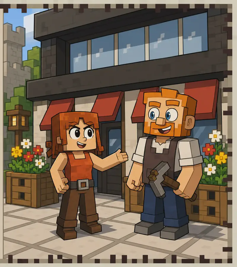 On the right side of the image, Tom and Jill stand together in front of the new bakery, both smiling happily. Tom stands on the right, grinning proudly with a laugh on his face, his orange hair, orange beard, and dark brown vest over a white short-sleeved shirt visible. Jill stands to his left, beaming with satisfaction, her shoulder-length auburn hair and bright orange sleeveless top recognizable. She gestures toward the colorful flowers she has arranged around the entrance. The bakery exterior features large windows with red awnings and a dark overhang above. Wooden planter boxes sit beside the entrance overflowing with colorful yellow, white, and red flowers. The scene is set outdoors during daytime in the completed walled village. The left ~40% of the image is a plain background reserved for text.