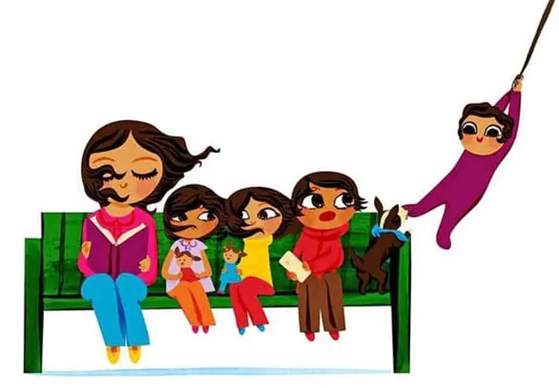 Dog biting girl leg trying to pull her down from kite as family looks up from bench