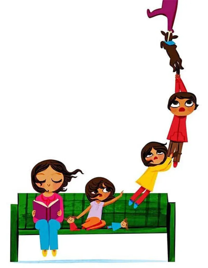 Chain of family members floating up holding each others feet connected to kite above bench
