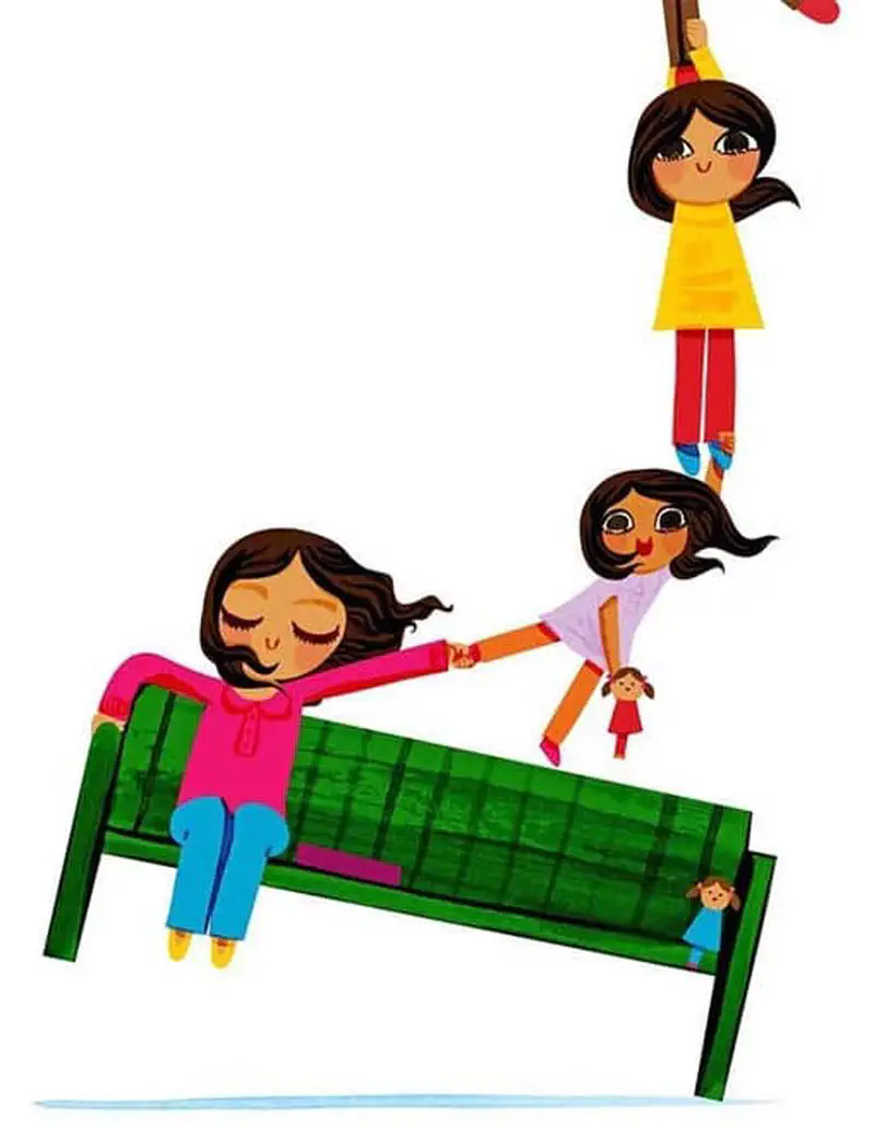 Mum anchoring floating family chain as tilted bench lifts off ground with kite pulling above