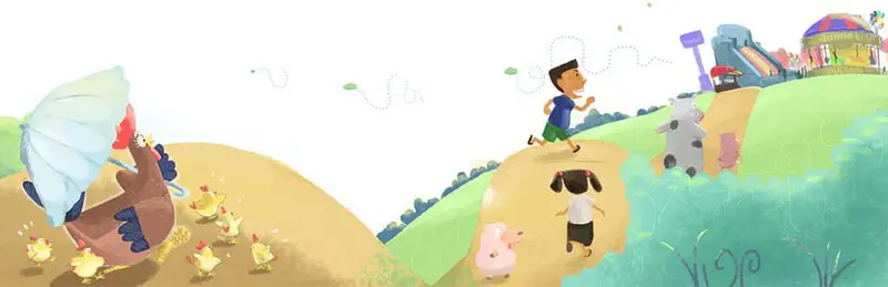 Hen with net chasing chicks over farm hills toward carnival with cow, pig, and running boy