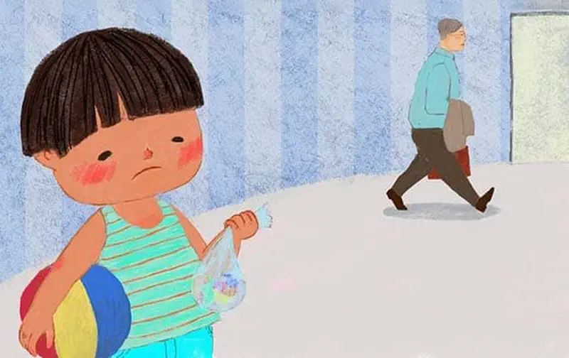 Sad boy holding deflated ball and plastic bag while dad walks away through door