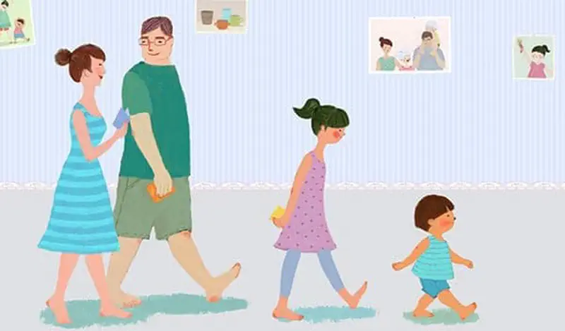 Family walking together past wall of photos with dad, mum, sister, and running boy