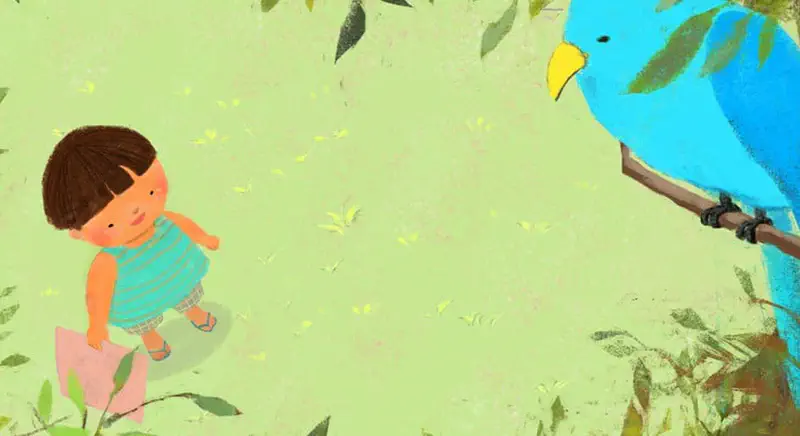 Small boy looking up at large blue parrot perched on branch in sunny yard