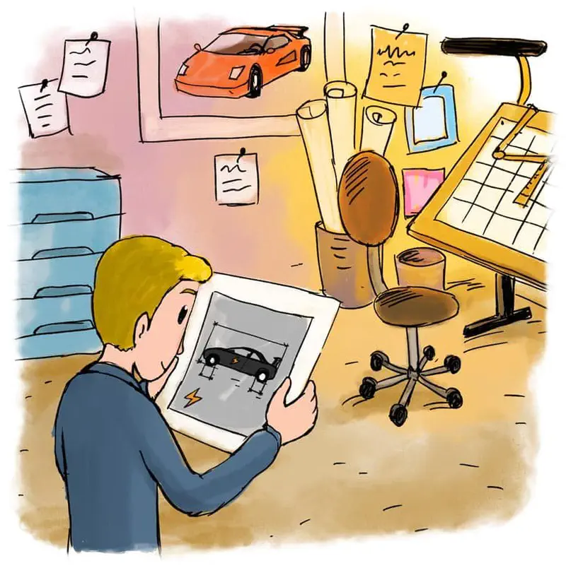 Blonde man holding tablet with car design in office with sports car poster and drafting table