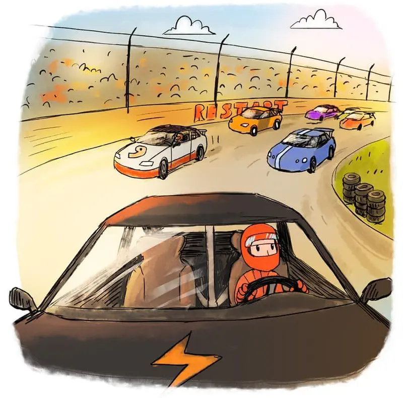 Driver in orange helmet racing black electric car on track with other cars and crowd behind