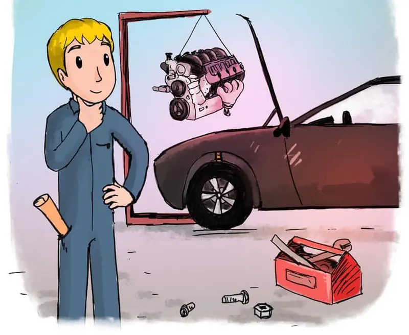 Mechanic in blue overalls standing by car with engine being lowered by crane and toolbox