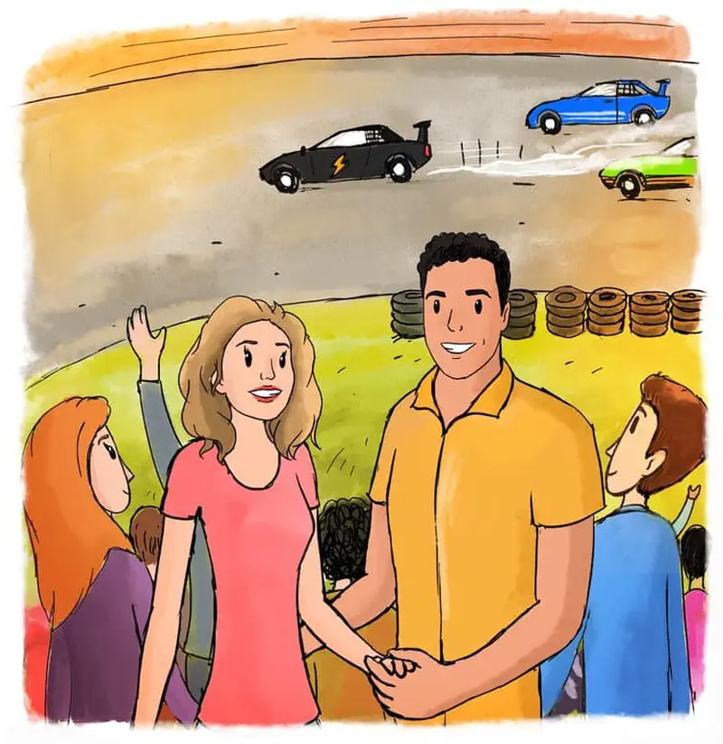 Fans watching race track as black electric car leads blue and green cars past tire barriers