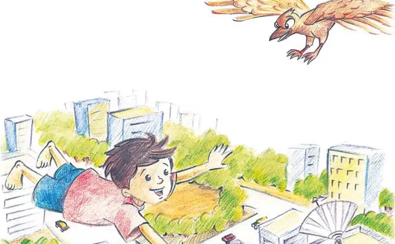 Boy flying over city buildings alongside brown bird with buildings and ferris wheel below