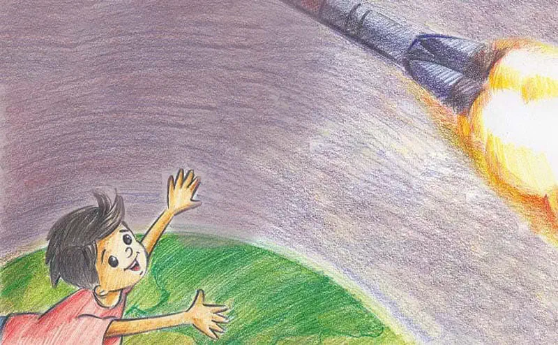 Boy standing on green Earth waving at rocket blasting off into purple space