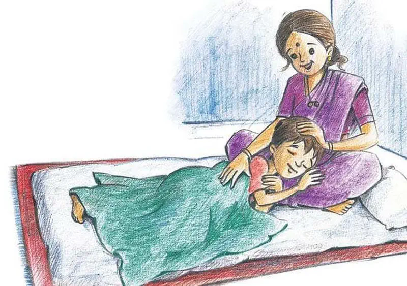Mother in purple dress stroking sleeping boy hair as he rests on bed with green blanket