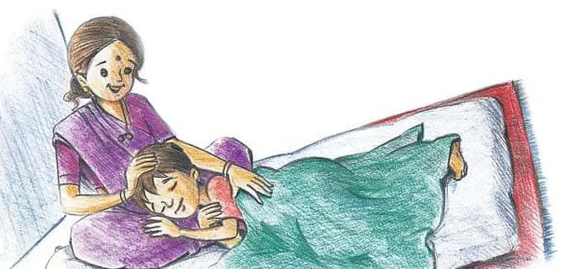 Mother in purple dress watching over sleeping boy covered with green blanket on bed