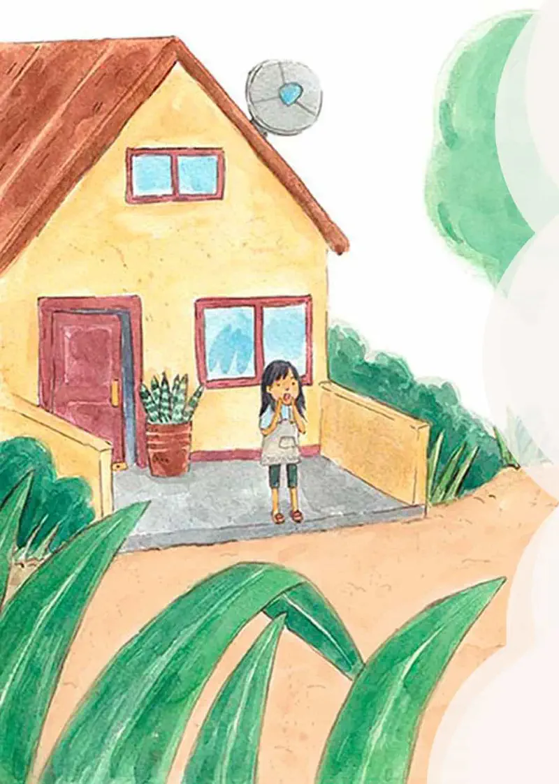 Girl standing outside yellow house with satellite dish looking thoughtful with hand near mouth