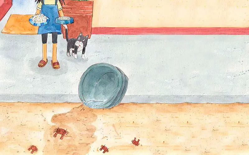 Girl in blue dress with cat walking on porch while crabs crawl on beach below