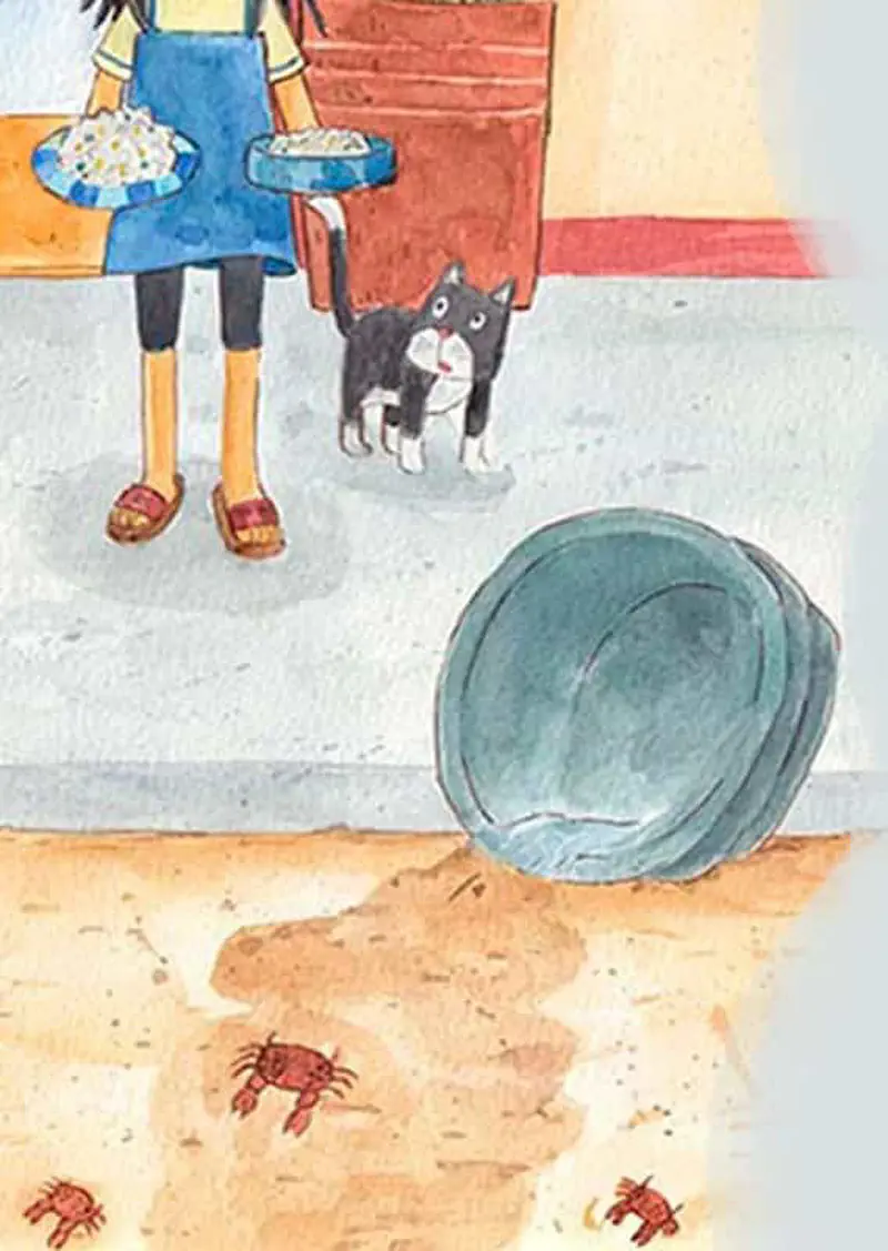 Girl in blue dress with cat on porch while crabs climb from beach toward house