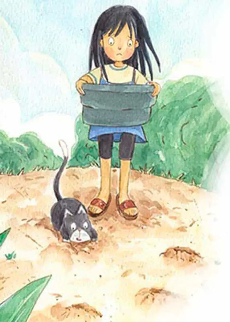 Sad girl holding empty bucket while cat sniffs ground near crab burrows