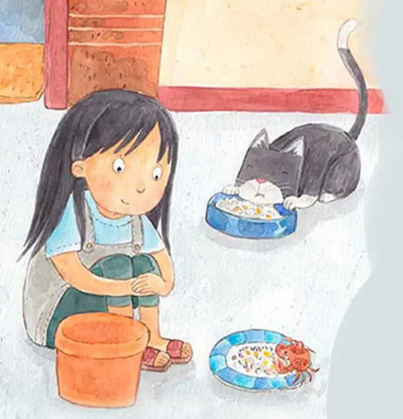 Girl sitting on bucket watching cat eat from bowl while crab eats from plate nearby