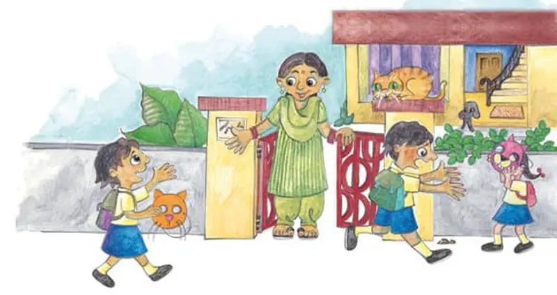 Grandmother waving at children coming home from school while cat sleeps on balcony