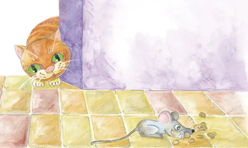 Orange cat peeking around purple corner watching gray mouse eating crumbs on tile floor