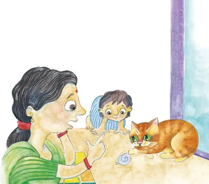 Mother in green sari talking while boy and orange cat sit at table with snail