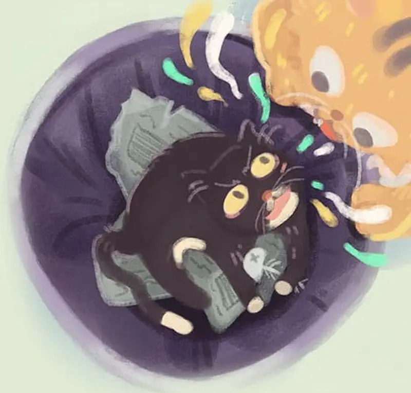 Orange cat looking down at black cat inside trash can with confetti floating