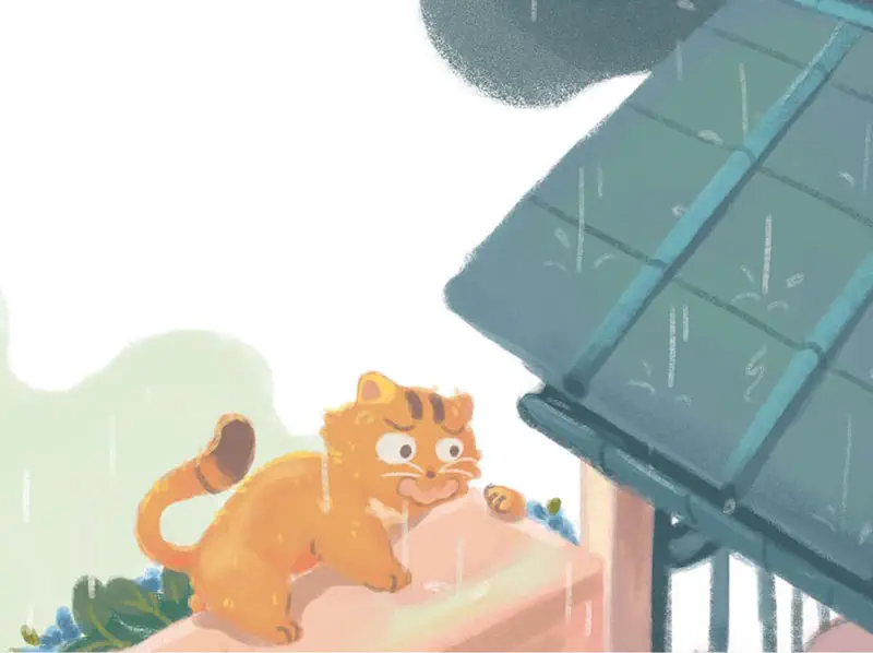 Nervous orange cat crouching on pink wall in rain looking at green tiled roof