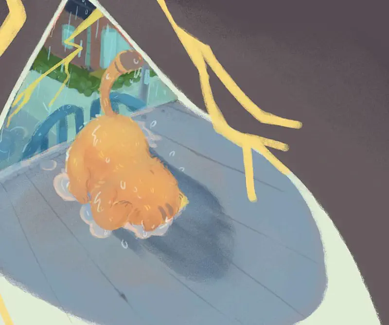 Orange cat watching rain and lightning through triangular window opening in dark stormy night