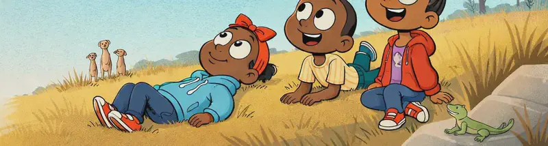 On the right side of the image, Sister, Boy, and Girl are lying and sitting in a grassy field on a sunny day, gazing up at large white clouds drifting across a blue sky. Sister is lying on her back with her face turned upward, looking content. Boy is propped up on his stomach with his legs kicked up behind him, watching the sky with a curious expression. Girl is sitting upright, leaning forward slightly, gazing up at the clouds with wonder. The scene is set outdoors in an open suburban-area field with dry golden grass, scattered trees in the background, and a bright daytime sky with billowing clouds. A group of small meerkats stand upright in the tall grass on the left-center background, watching the children. A lizard sits on a rock in the lower-right corner.