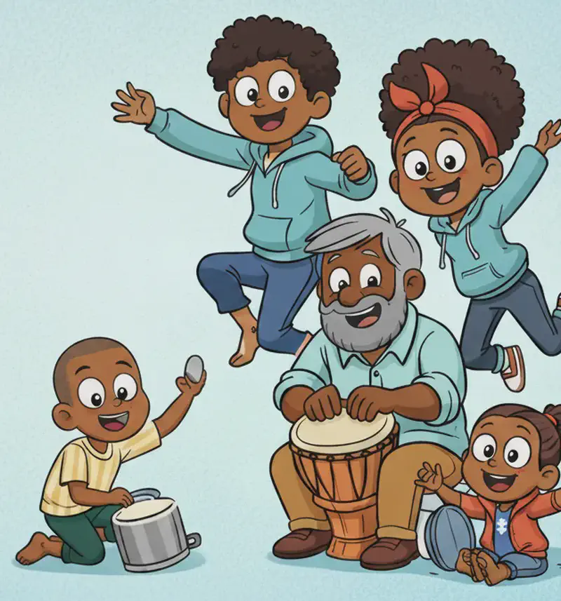 On the right side of the image, Dad sits smiling and playing a djembe drum, while Boy crouches barefoot beside him banging on an overturned pot. Girl sits barefoot nearby hitting a small pan, one arm raised joyfully. Mom leaps gracefully in a dancing pose with arms outstretched, and Sister jumps barefoot energetically beside her, both looking happy and mid-motion. The background is a soft, plain light blue, with the left side (50%) open and clear of characters or detail.