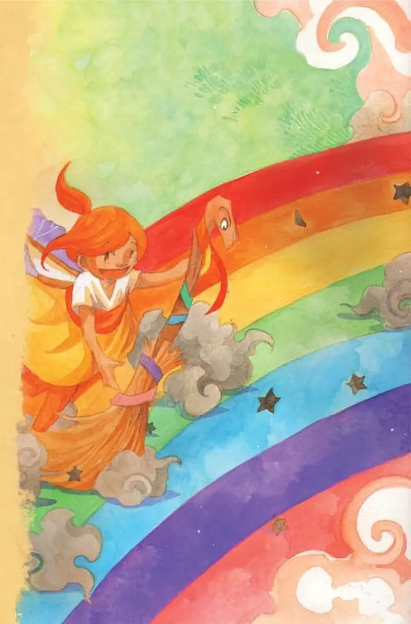 Fairy Kate and happy rainbow broom flying together along sparkling colorful rainbow with clouds