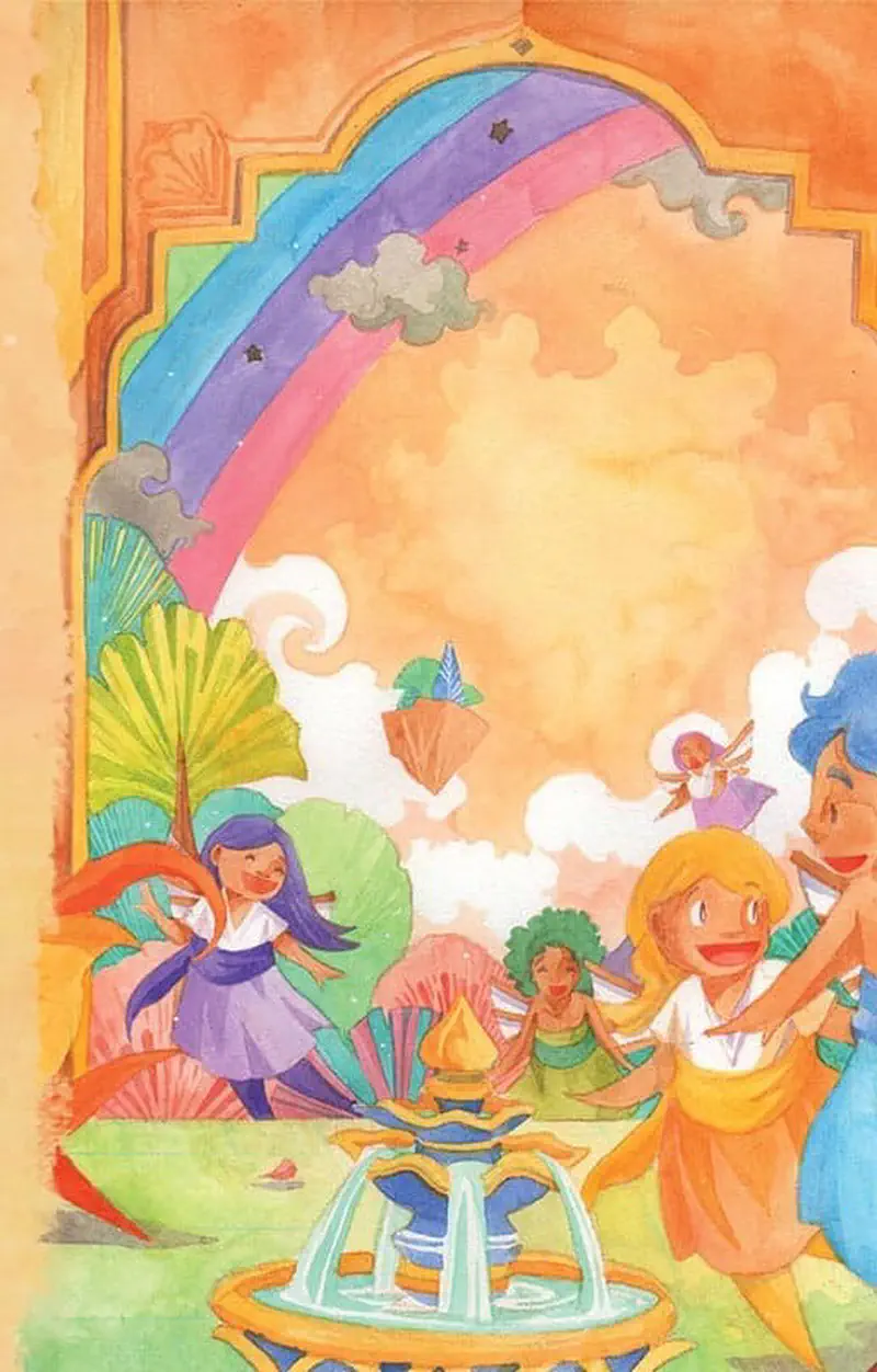Fairies dancing around fountain under rainbow arch with colorful fans and magical tower