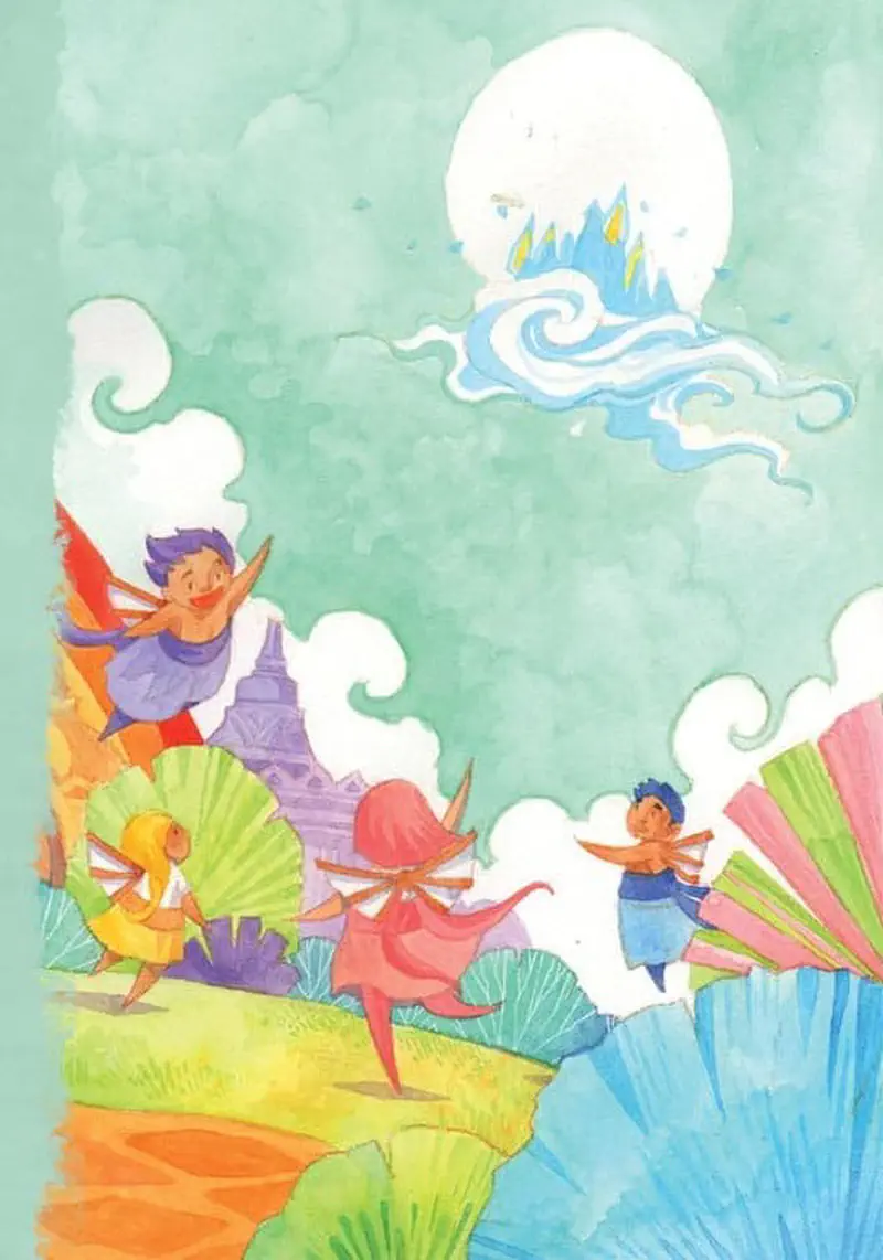 Fairies playing among colorful fan-shaped plants with floating ice castle on cloud in turquoise sky