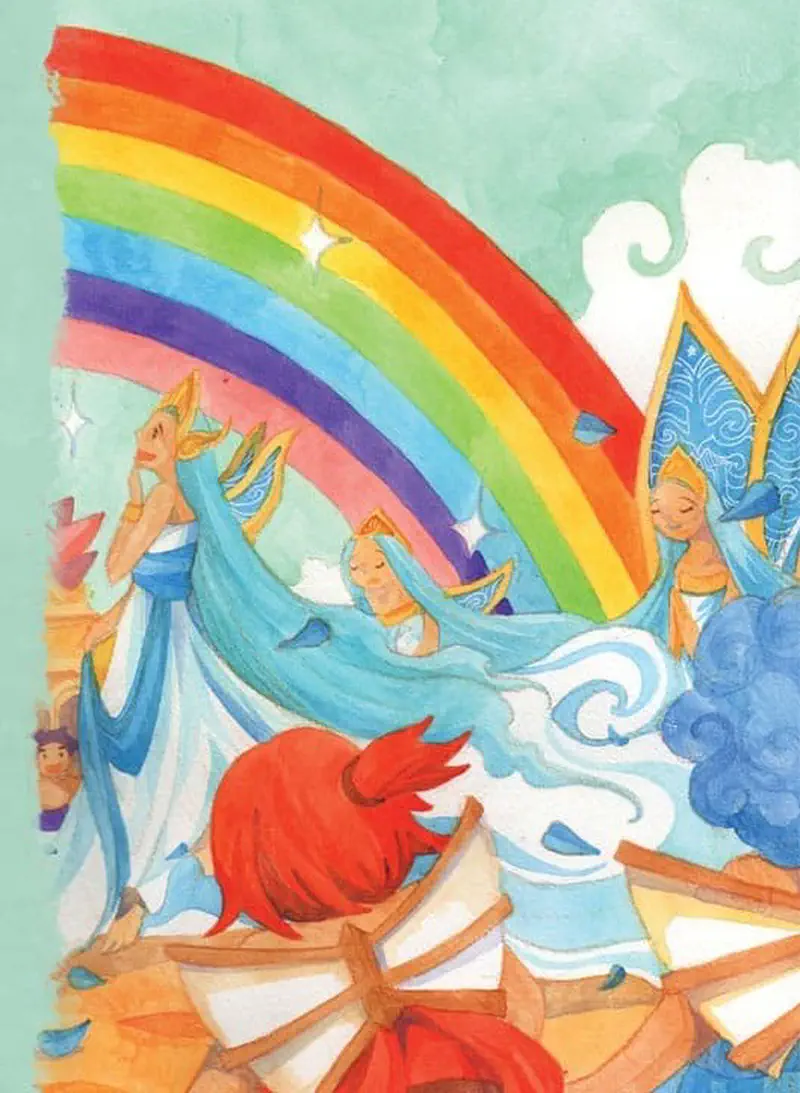 Wind Princess arriving on cloud as fairies celebrate under shining rainbow near blue tower