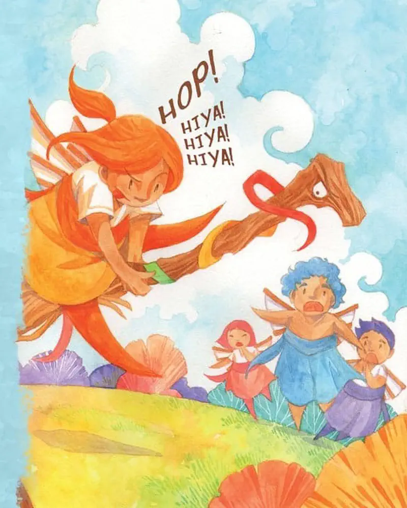Fairy Kate riding rainbow broom shouting Hop Hiya while surprised fairies watch from colorful hillside